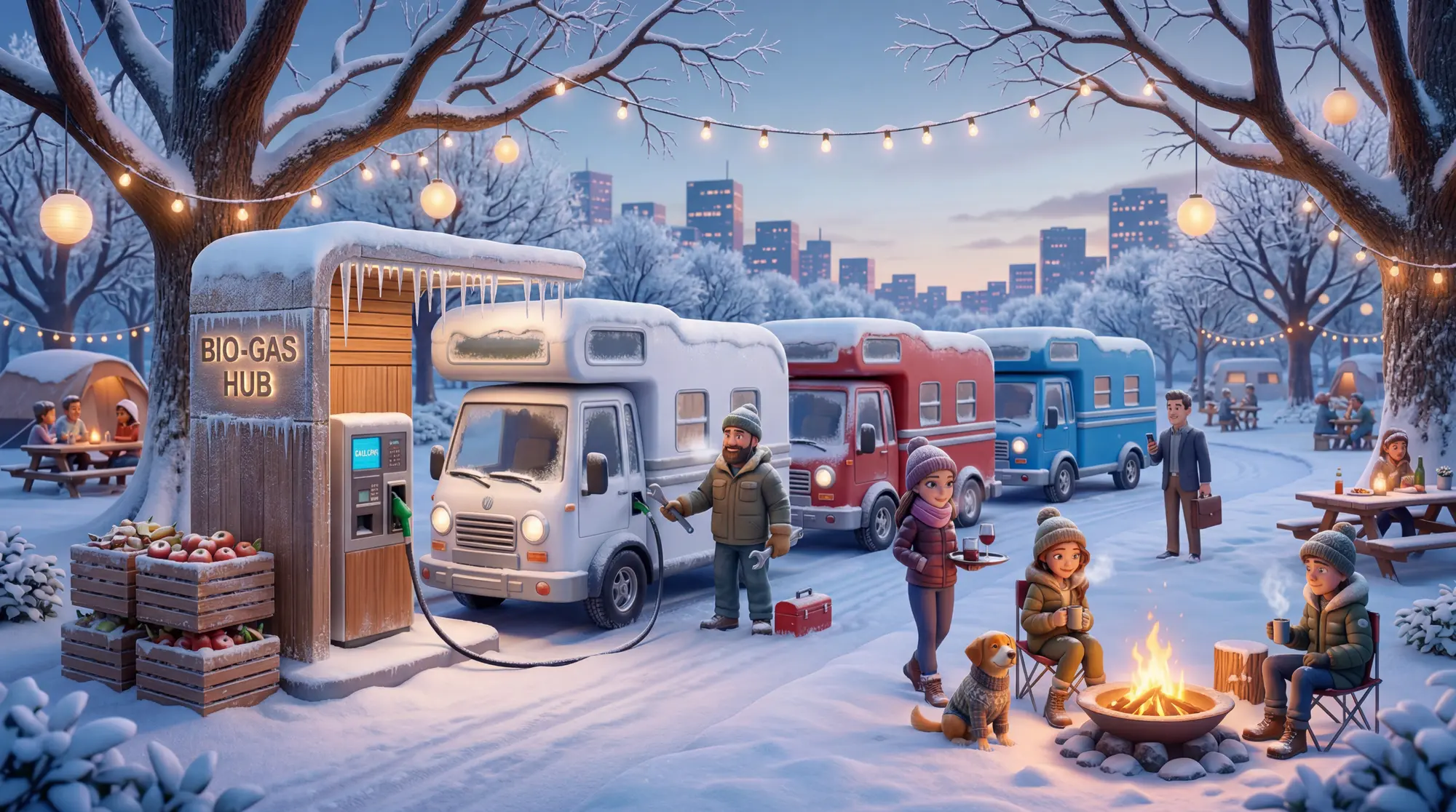 A campervan refuelling at a biogas station on a cold late-autumn evening