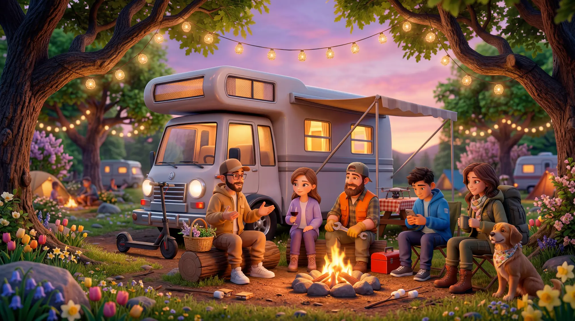 A campervan preparing water and supplies at an early-spring campsite