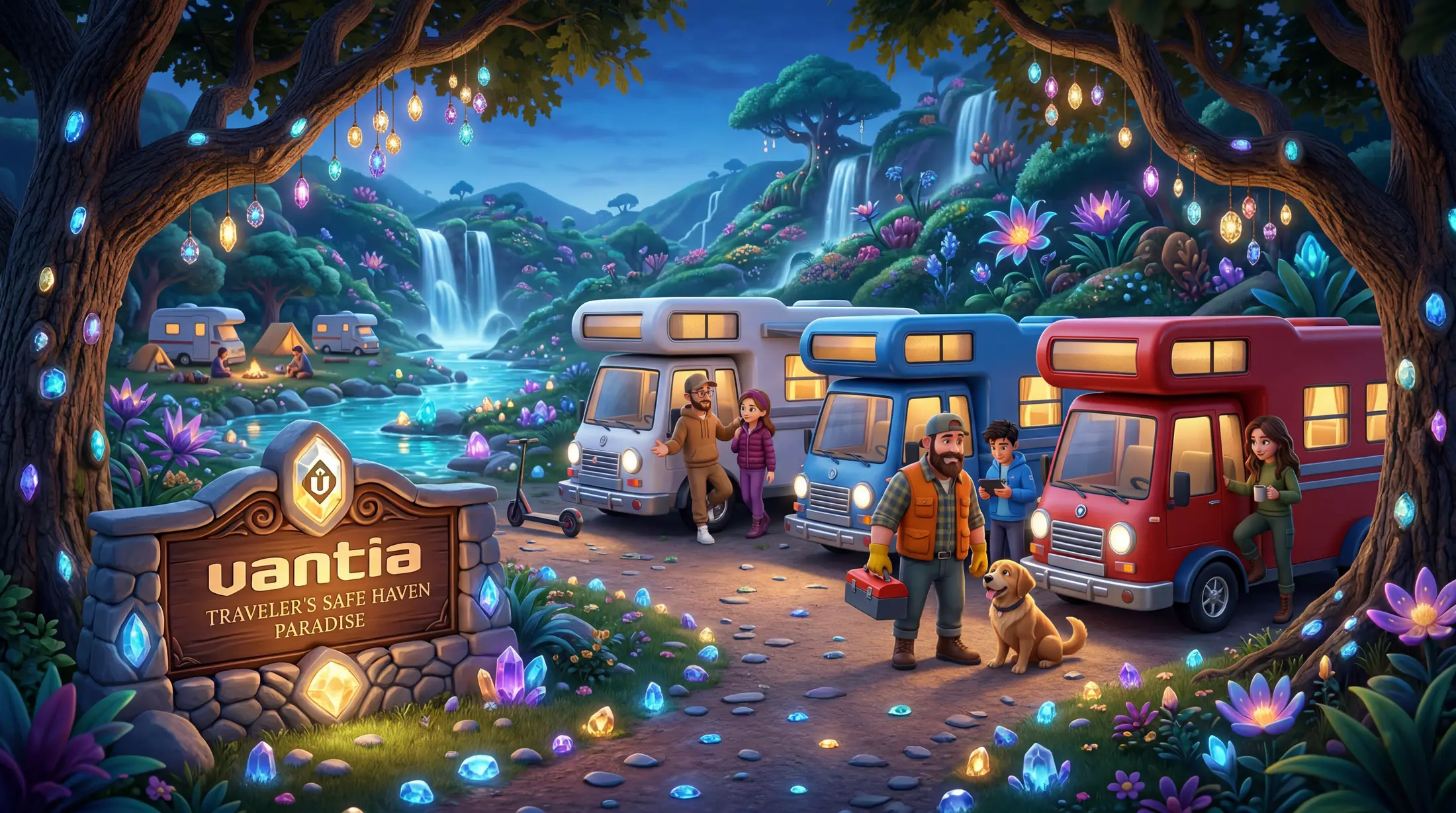 The travellers and their campervans arriving together at the glowing haven of Vantia