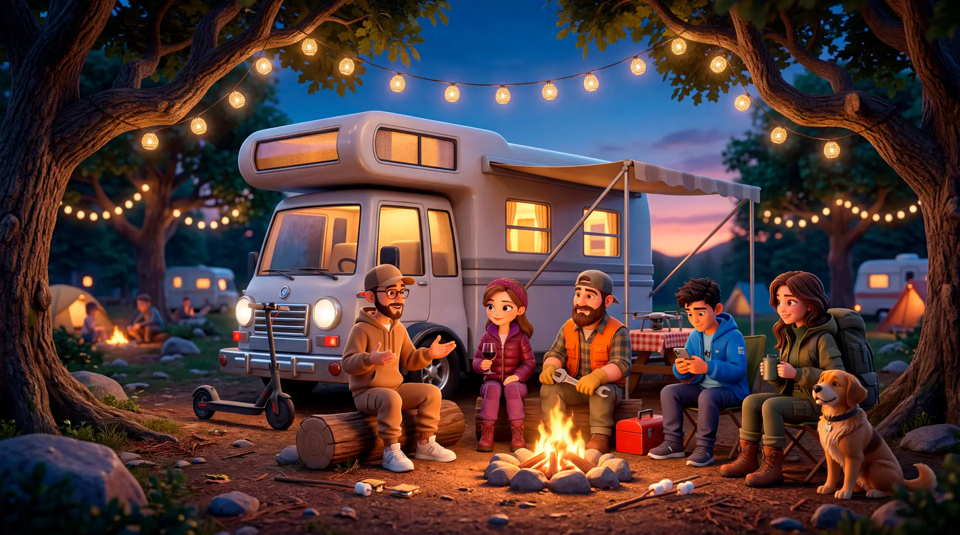 Friends gathered around a campfire beside a campervan at a summer campsite